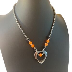 Gun Metal Gray Beaded Heart Pendant Necklace W/ Iridescent Orange Accents.